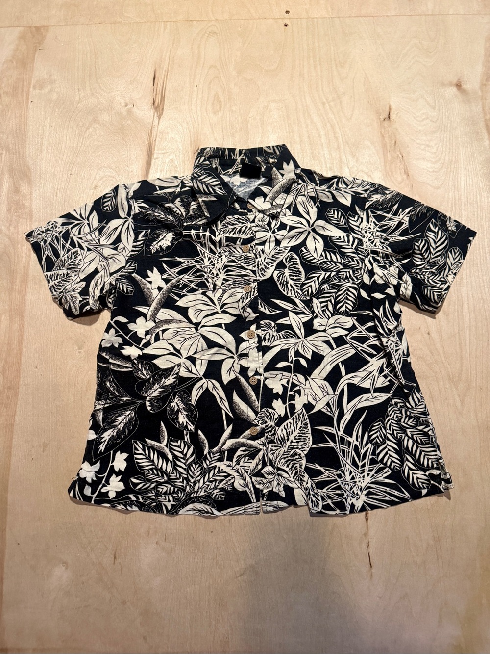 Vintage Black and White Tropical Button-Down Shirt, Linen Blend